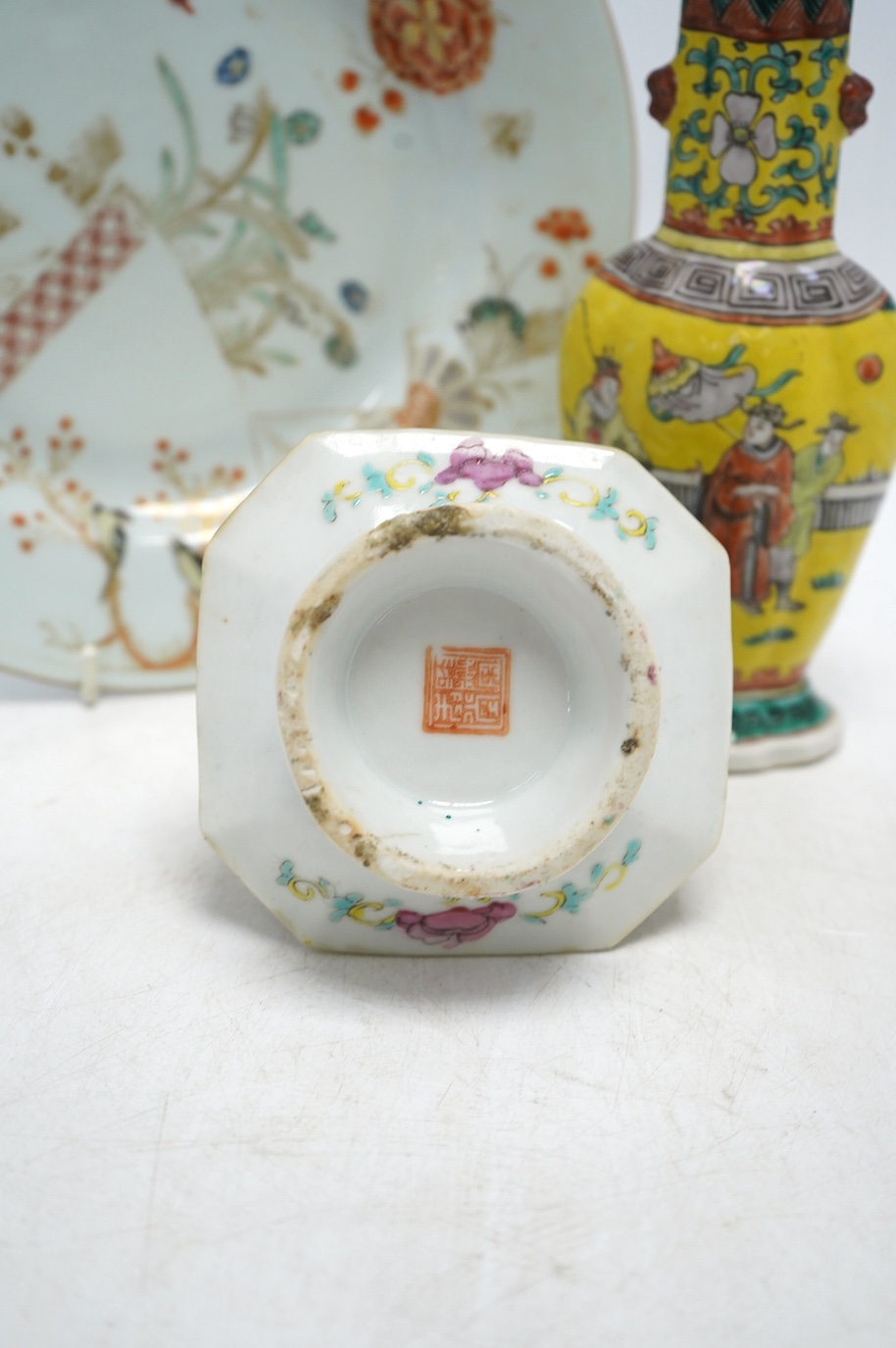 19th century Chinese enamelled porcelain to include a vase, jar & cover, a famille rose dish and a famille rose plate, largest 21.5cm high. Condition - poor to fair